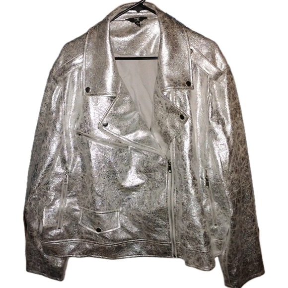 Terra & Sky Womens 4X ( 28W-30W) Motorcycle Jacket Metallic Faux Leather Slv NWT - Picture 1 of 16